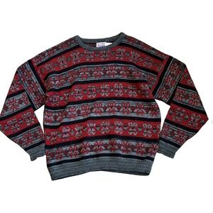 Brittania Sweater Men's Large Gray-Red Fair Isle Crew Neck Jumper Made in USA